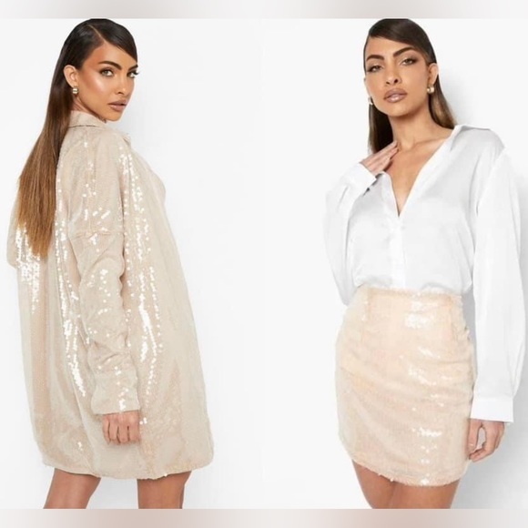 Boohoo Nude Sequin Shirt Dress & Curbed Hem Mini Skirt Two-piece Set - Picture 1 of 11